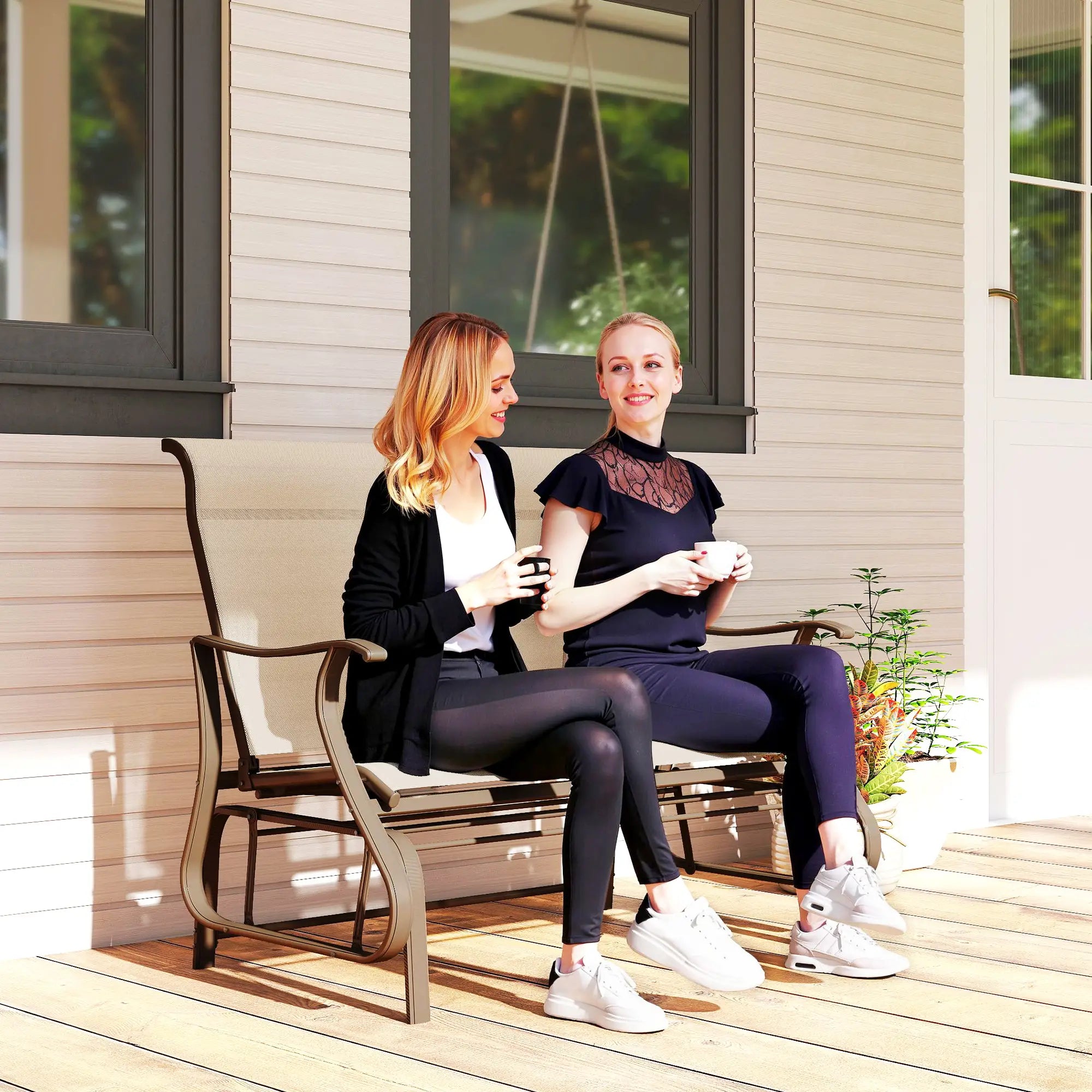 2-Person Outdoor Glider Chair Steel Frame Mesh, Khaki Outdoor Gliders at Gallery Canada