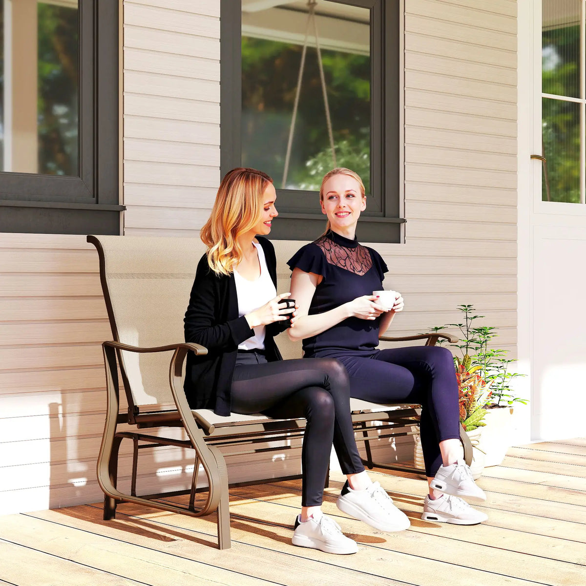 2-Person Outdoor Glider Chair Steel Frame Mesh, Khaki Outdoor Gliders at Gallery Canada