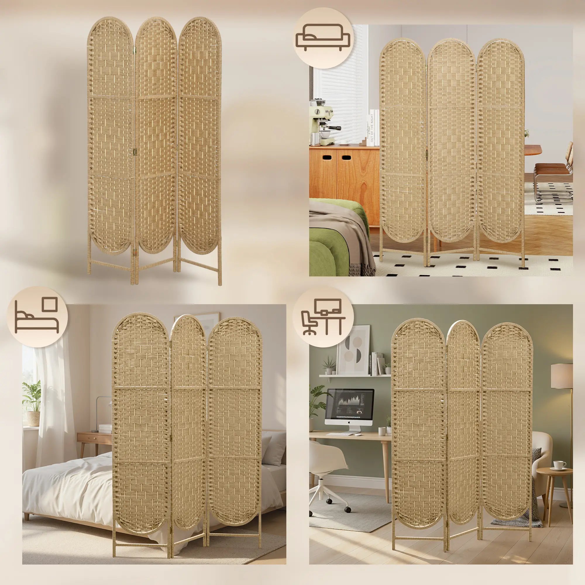 3 Panel Bohemian Privacy Screen, Arched Top Room Divider, Natural Wood Room Dividers at Gallery Canada