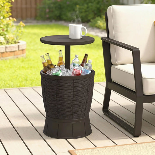 11 Gallon Patio Cooler Side Table, Height Adjustable Top, Drainage Plug, Brown Patio Side Tables Brown at Gallery Canada
