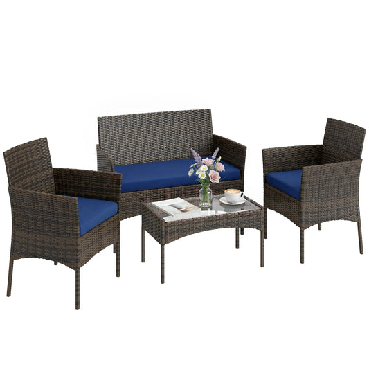 4-Piece Wicker Patio Furniture Set, Glass Coffee Table, Navy Blue Patio Furniture Sets Navy Blue, Black at Gallery Canada