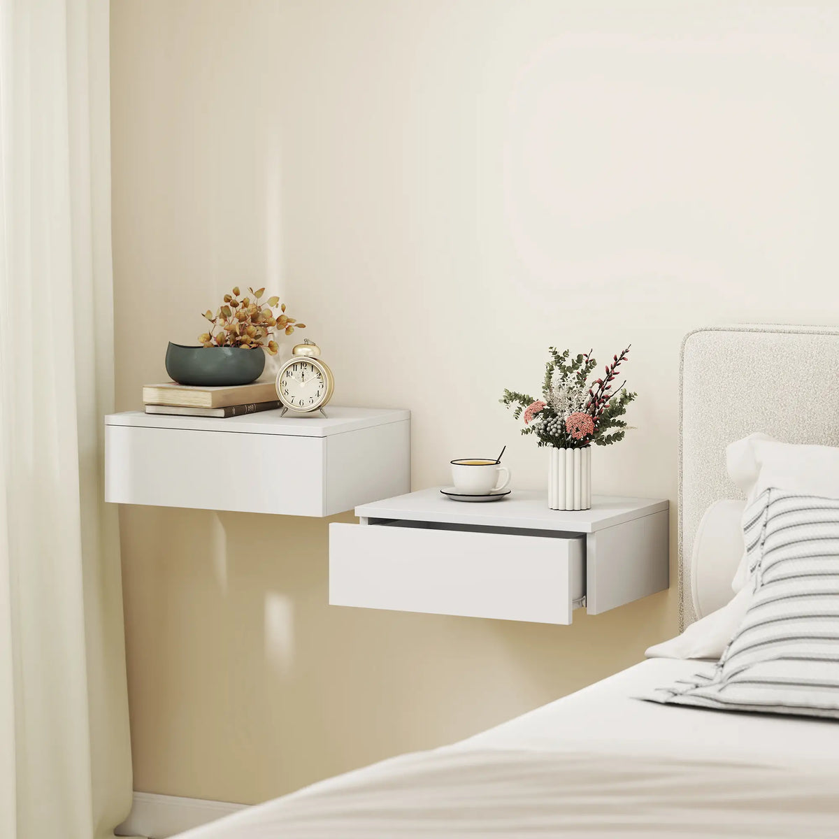 Set of 2 Wall Mounted Bedside Tables, High Gloss Floating Nightstands with Drawer, White Bedside Tables at Gallery Canada