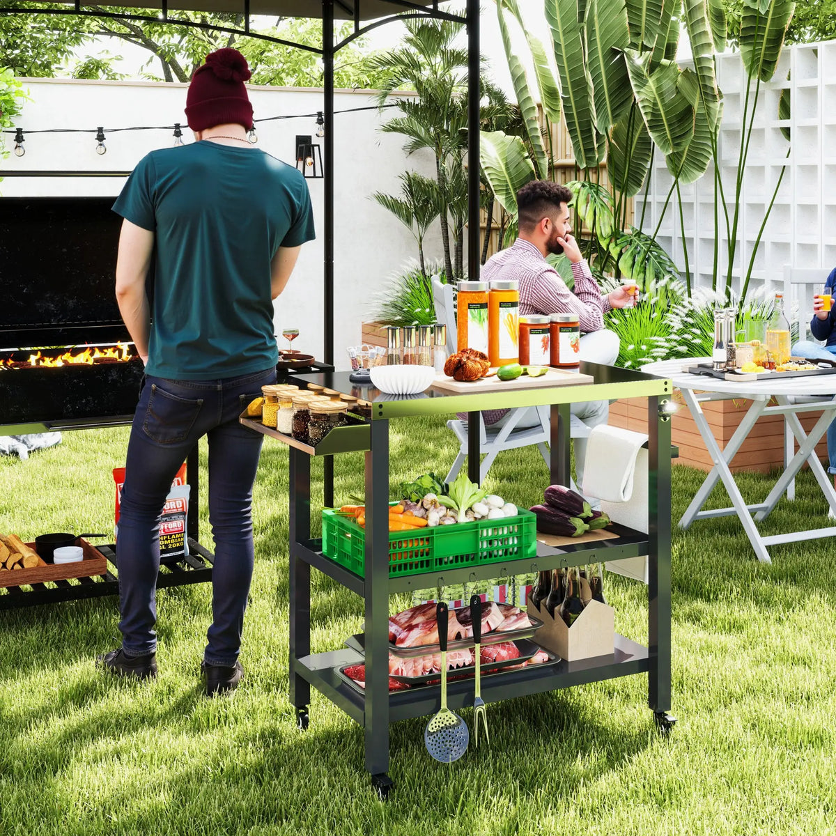 Outdoor Kitchen Bar Cart With Wheels, Stainless Steel Pizza Oven Stand, Movable Prep Table With Hooks Outdoor Grill Carts at Gallery Canada
