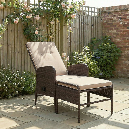 2 Pc Patio Reclining Chair Set with Stool, Cushions, Outdoor, Brown Patio Furniture Sets Brown at Gallery Canada