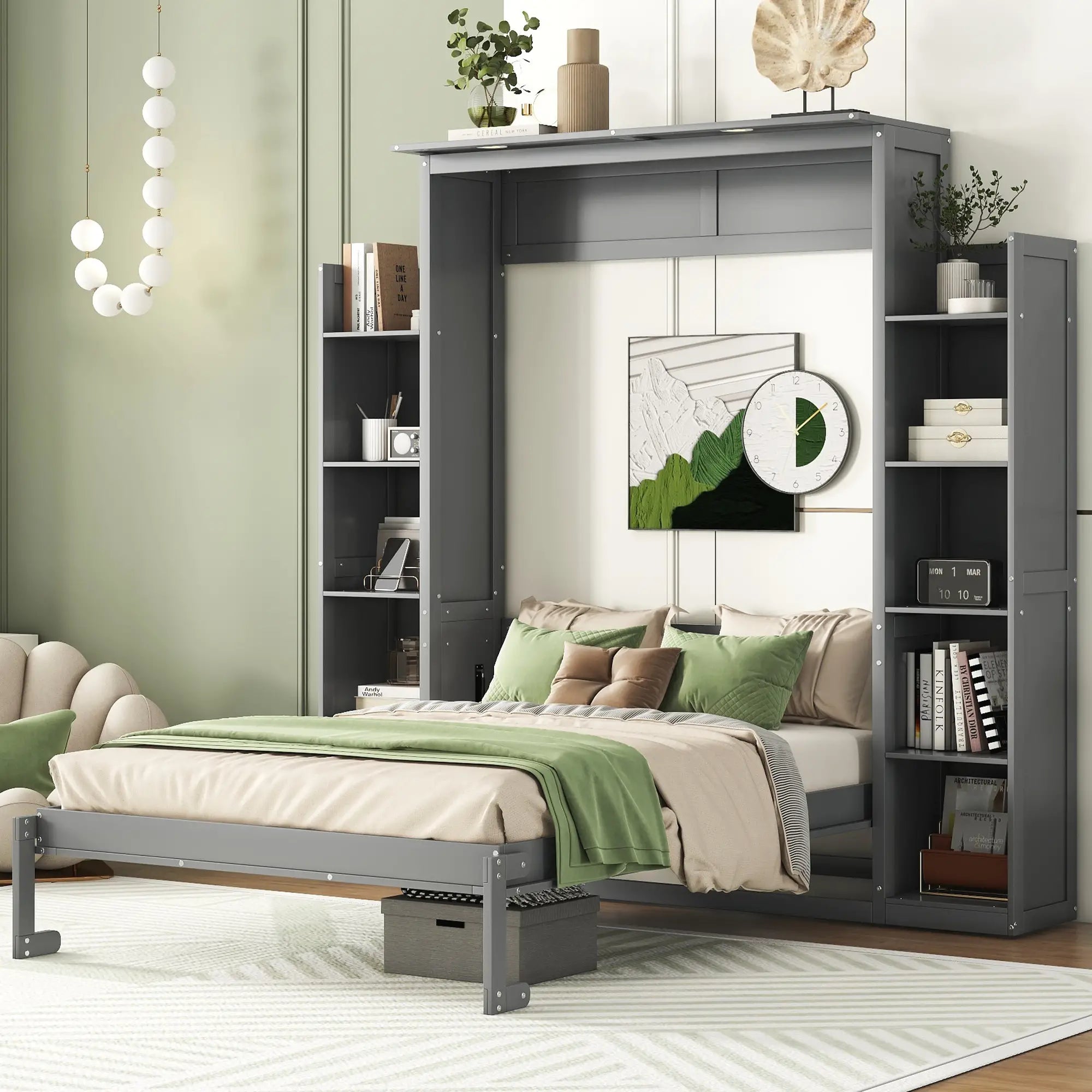 Murphy Bed with Shelves, LED Lights, Space-Saving Wall Bed, 91
