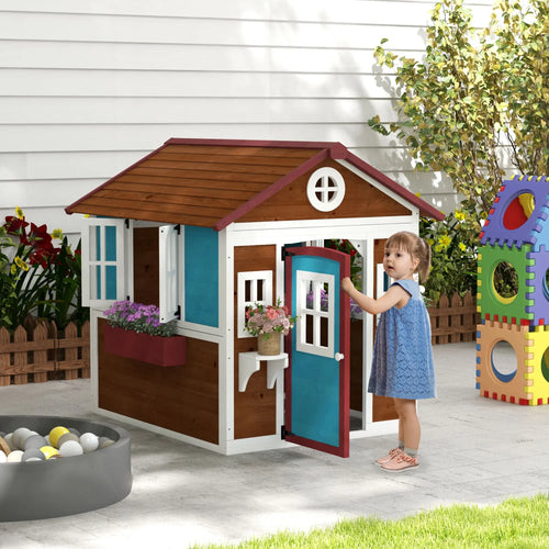 Wooden Playhouse for Kids Outdoor with Door, Windows, Planter Pots and Boxes for Toddlers 3-8 Years, Beige
