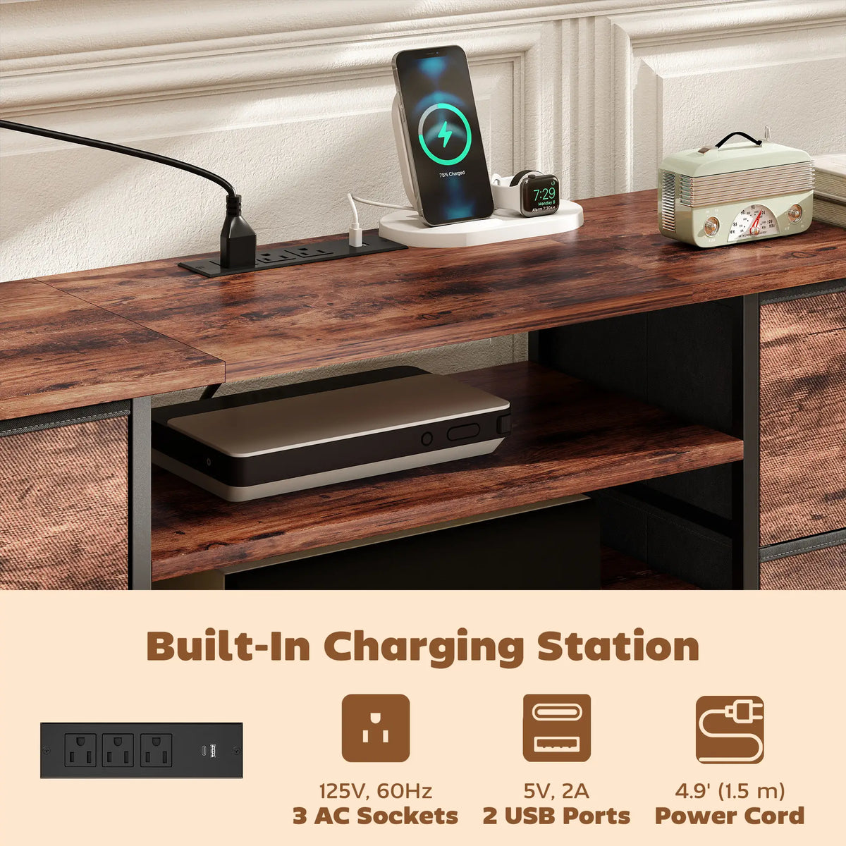 TV Stand For 70 Inch TVs, Industrial Console With Charging Station, 5 Drawers, Rustic Brown TV Stands at Gallery Canada