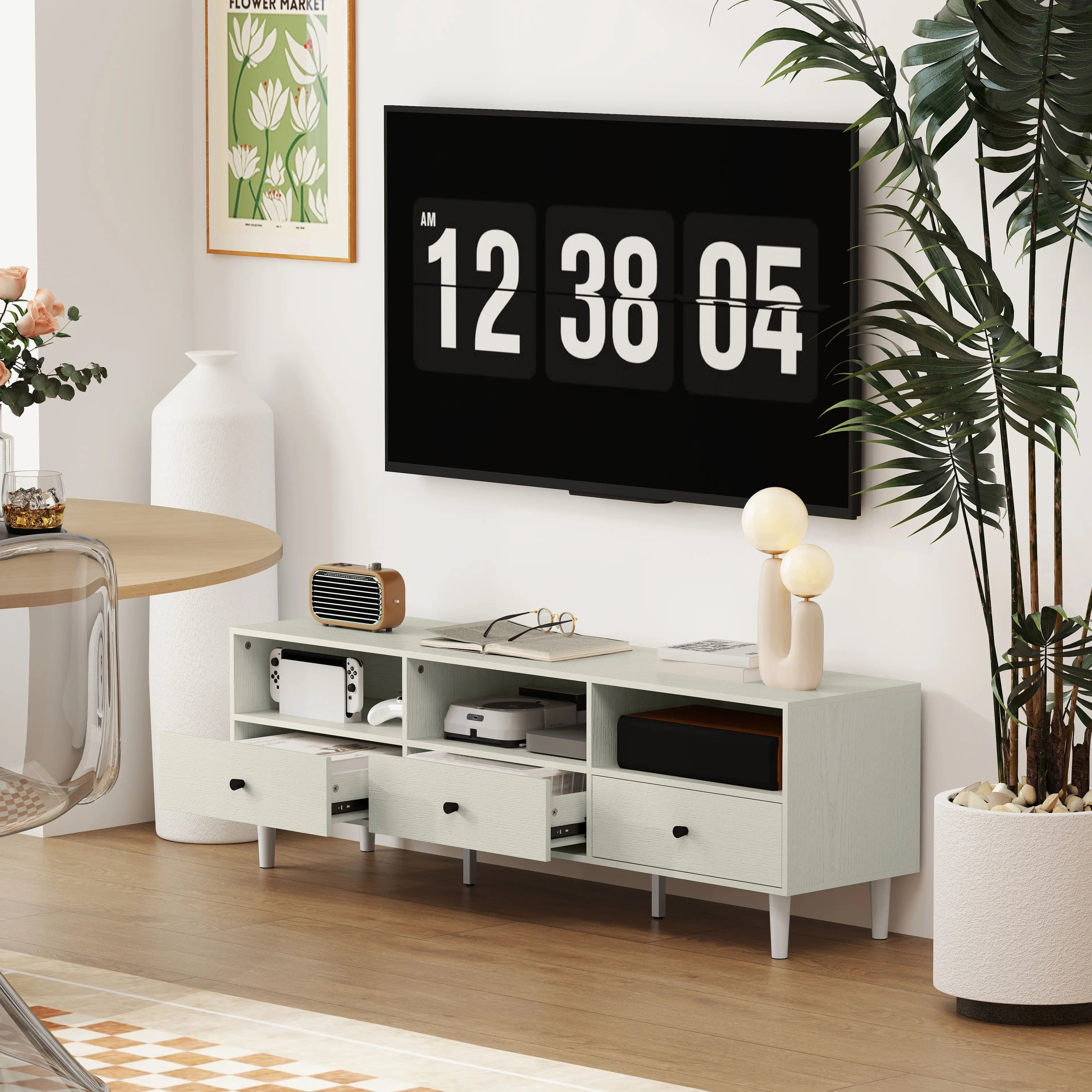 TV Stand for 75 Inches, 3 Storage Shelves, 3 Drawers, White TV Stands at Gallery Canada