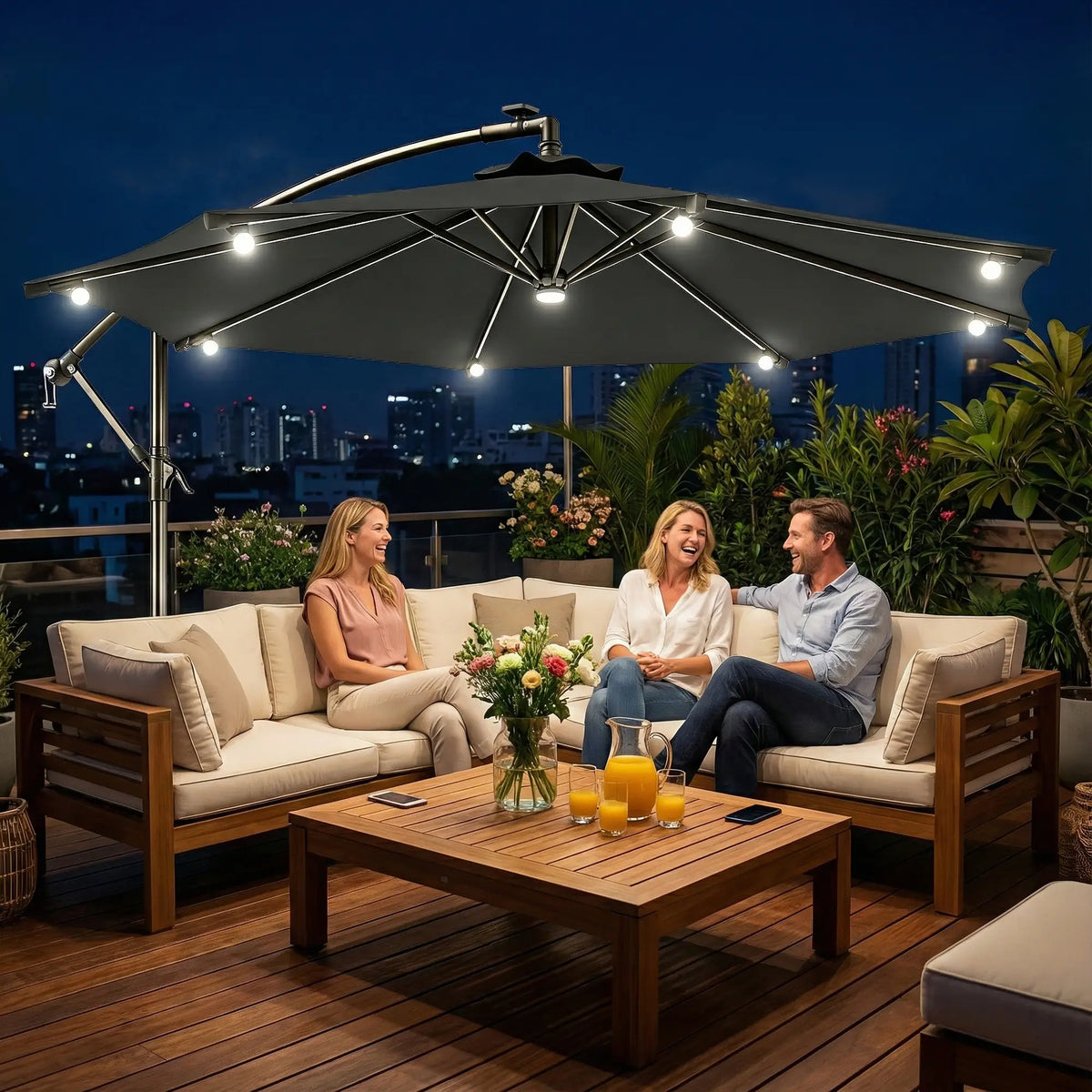 8.8FT Cantilever Patio Umbrella, Solar LED Lights, Crank Handle, Grey Offset Cantilever Umbrellas at Gallery Canada