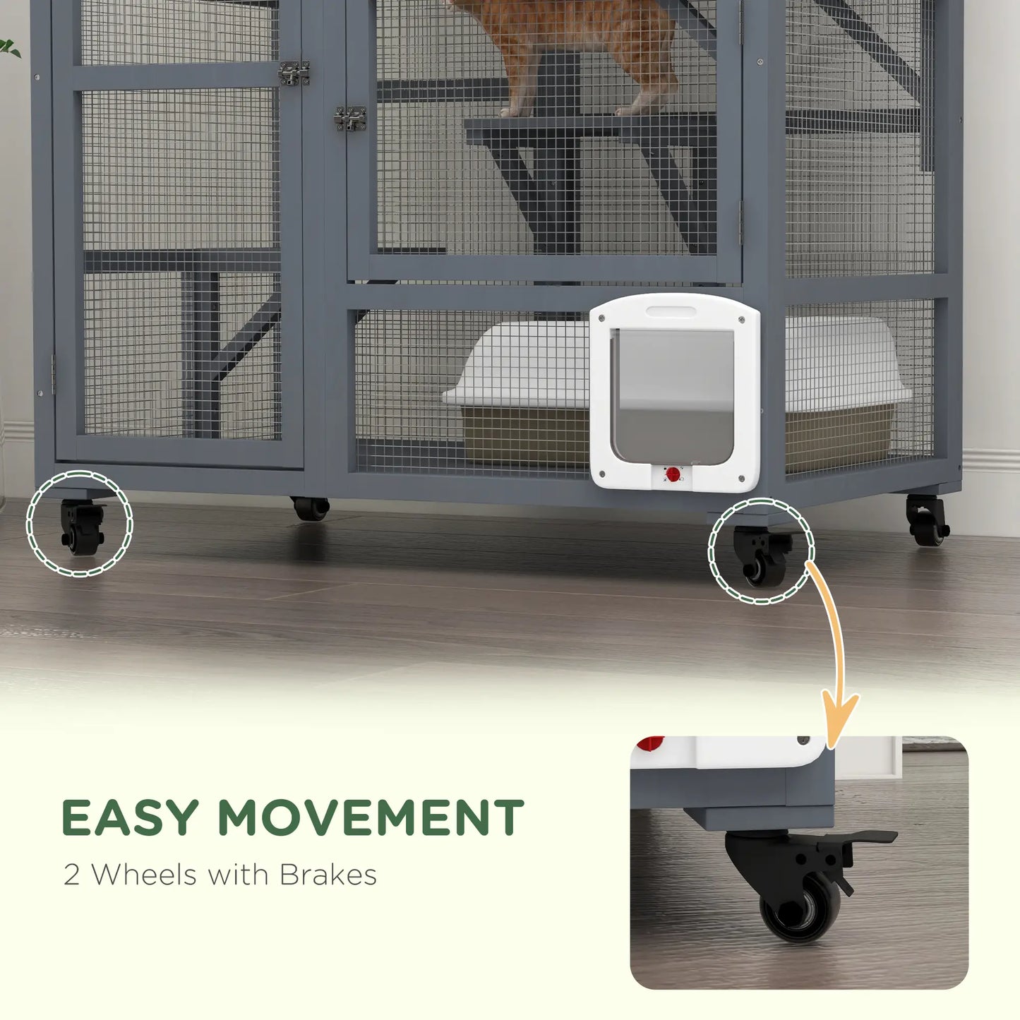 Wooden Cat Condo on Wheels, Cat Flap Door, Hammock, Light Grey Outdoor Cat Enclosures at Gallery Canada
