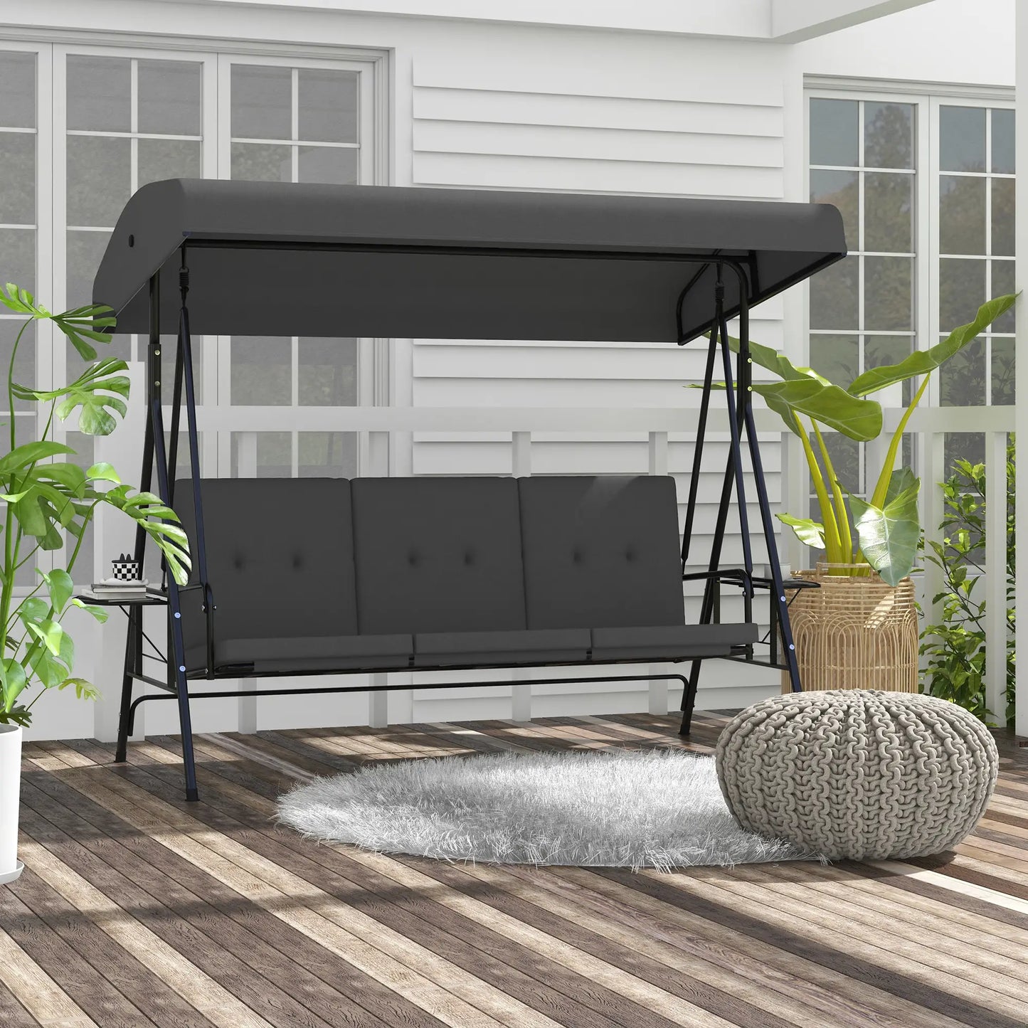 3-Seat Outdoor Swing With Adjustable Canopy, Side Tray, Removable Cushion, Grey Patio Swings with Stand at Gallery Canada