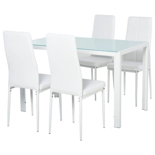 5-Piece Rectangular Glass Kitchen Table, Metal Frame, White