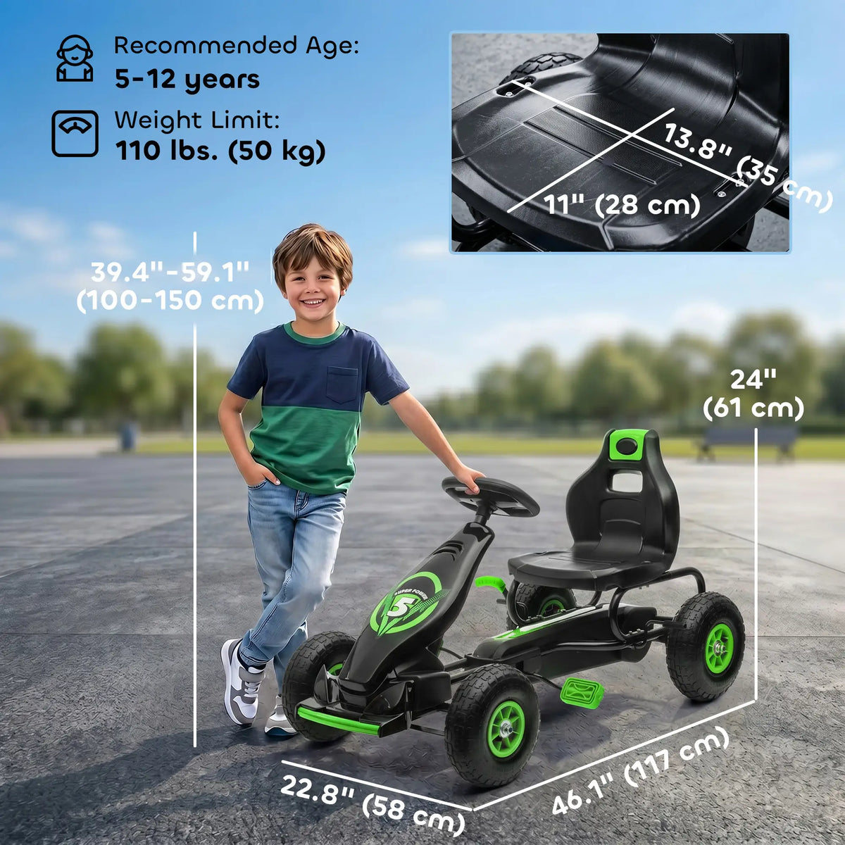 Adjustable Seat Pedal Go Kart, Rubber Wheels Shock Absorb, Green Pedal Go Karts for Kids at Gallery Canada