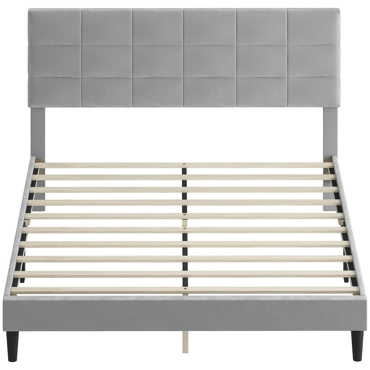 Queen Size Bed Frame, Upholstered Headboard, Wood Slats, 1100 lbs, Grey Bed Frames Grey at Gallery Canada