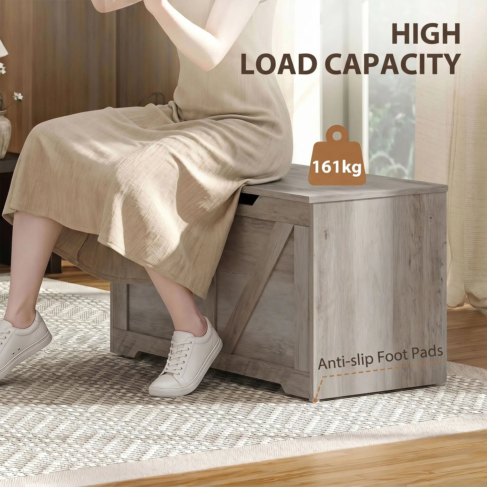 Storage Chest with Safety Hinges, Grey Wood Grain, 39.4 Inches, Grey Storage Cabinets at Gallery Canada