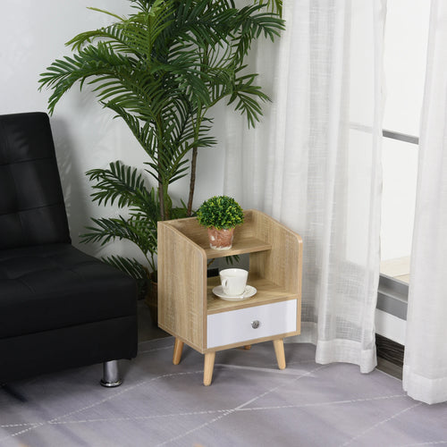 Bedside Table, 2-Tier Shelf with Drawer, Storage End Table, Natural