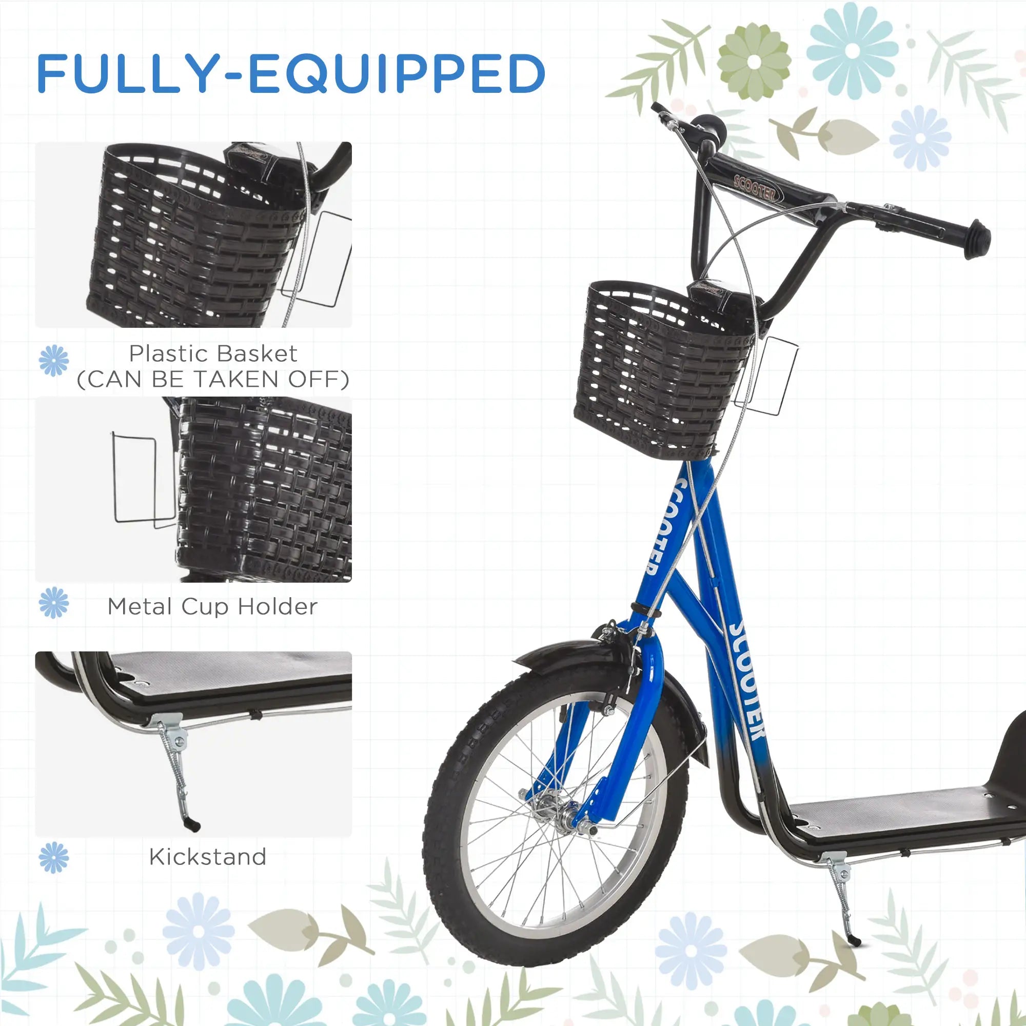 Kids Kick Scooter, Adjustable Handlebar, 2 Brakes, Basket, Cupholder, 16