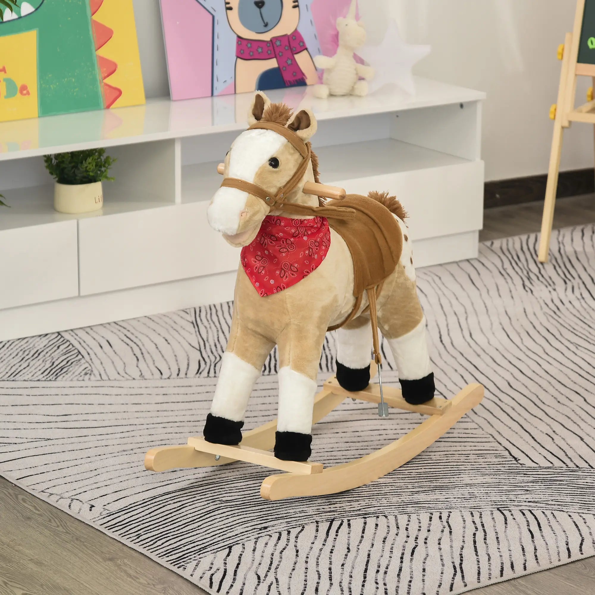 Kids Plush Ride-On Rocking Horse, Realistic Sounds, 3-6 Years, Beige Rocking Horses at Gallery Canada