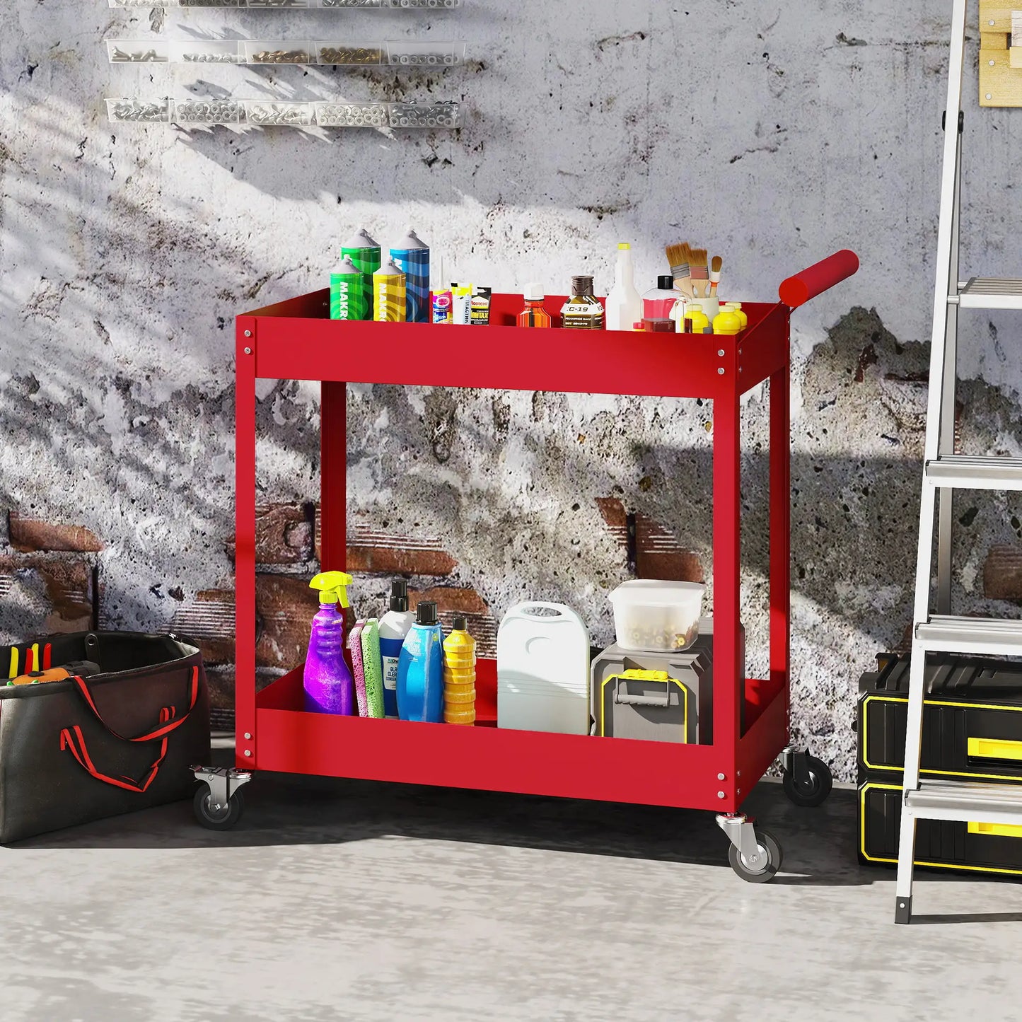 2 Tier Rolling Tool Cart With Wheels, Red Tool Organizers at Gallery Canada