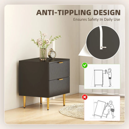 Modern Nightstand Set of 2, 2 Drawers, Metal Legs, Black Bedside Tables at Gallery Canada