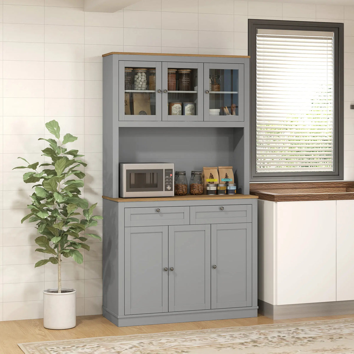 71" Pantry Cabinet with Microwave Space, 2 Drawers, Adjustable Shelves, Grey Kitchen Pantry Cabinets at Gallery Canada