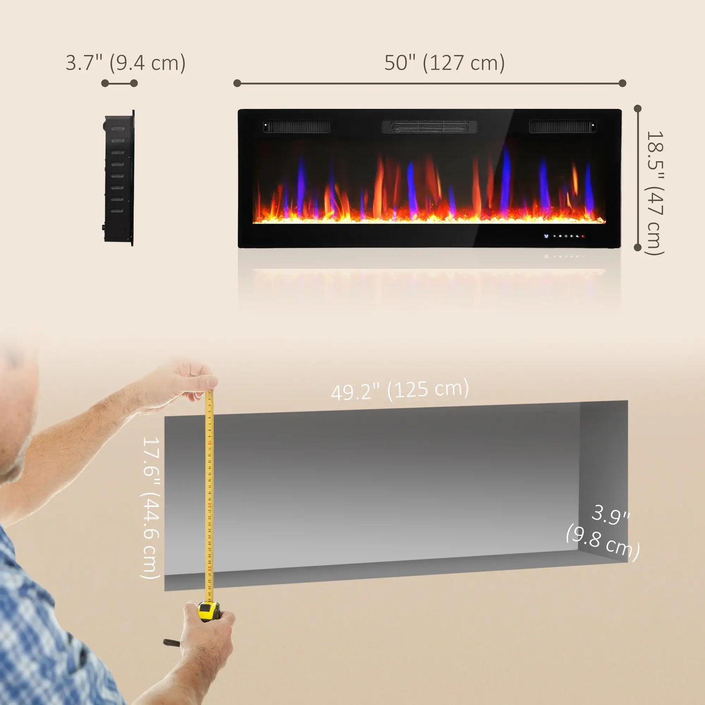 50" Thin Electric Fireplace, Freestanding, Wall Mounted Heater, Eco Mode, Auto Switch, Remote, 1500W Electric Fireplaces at Gallery Canada