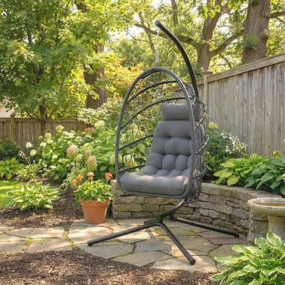 Hanging Egg Chair, Foldable Wicker Rattan Swing, Grey Patio Swings with Stand at Gallery Canada