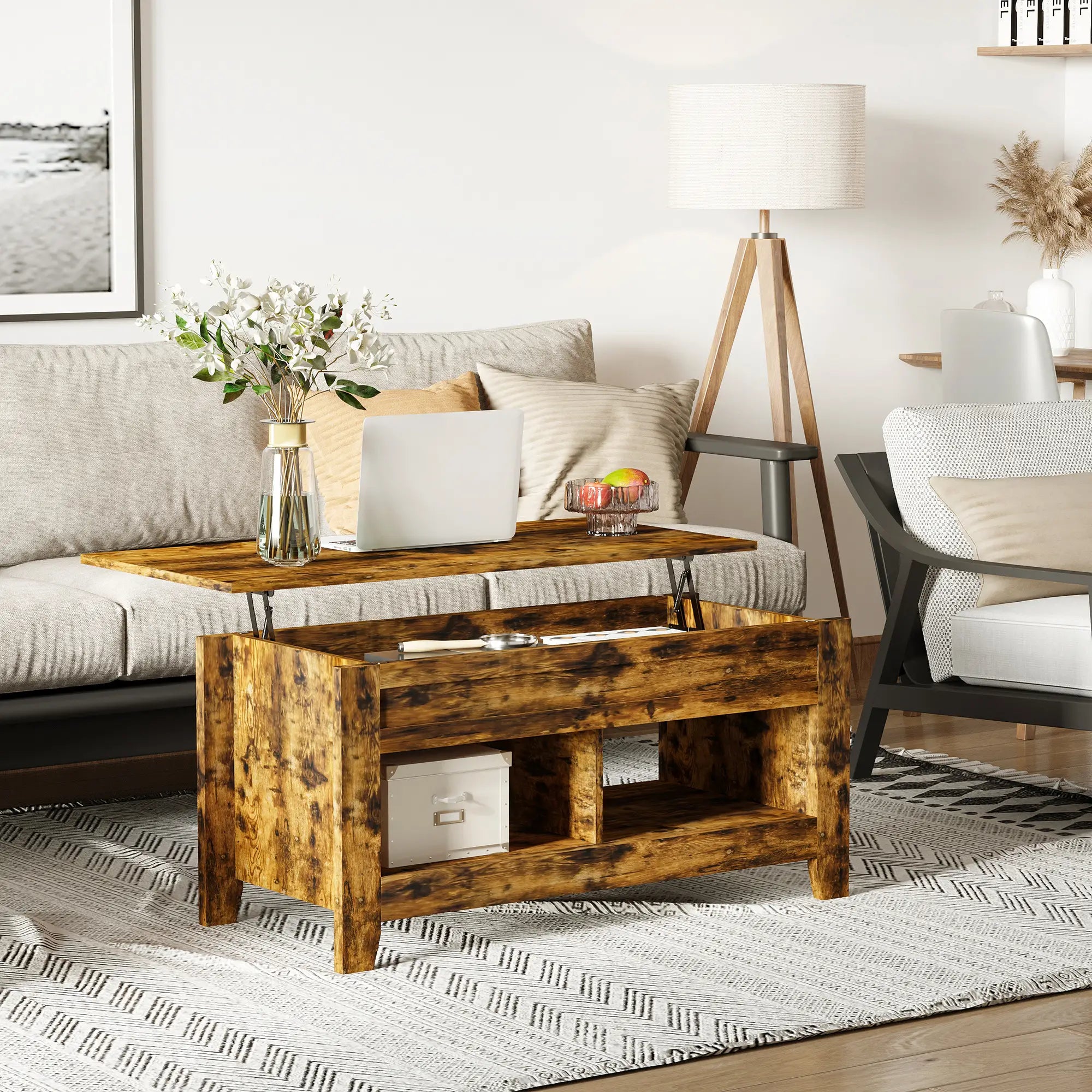 Lift Top Coffee Table, Hidden Storage, Open Shelves, Brown Coffee Tables at Gallery Canada