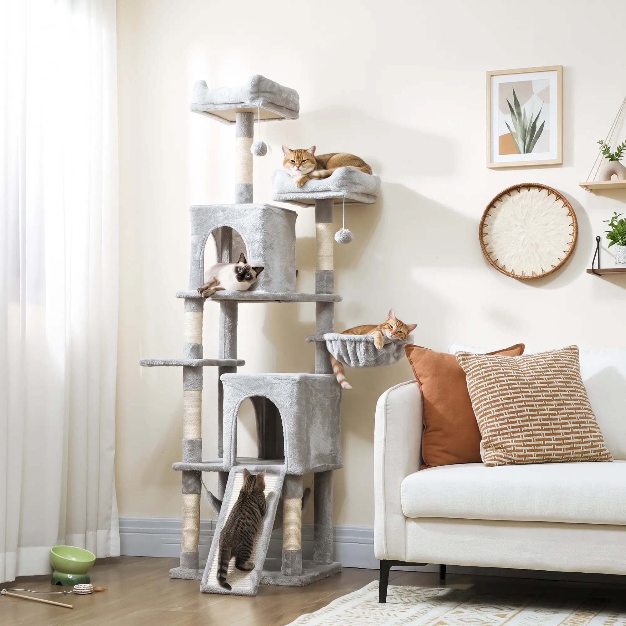 Cat Tree, 70 Inch Multi-Level Tower with Condos, Beds, Hammock, Light Grey Cat Towers at Gallery Canada