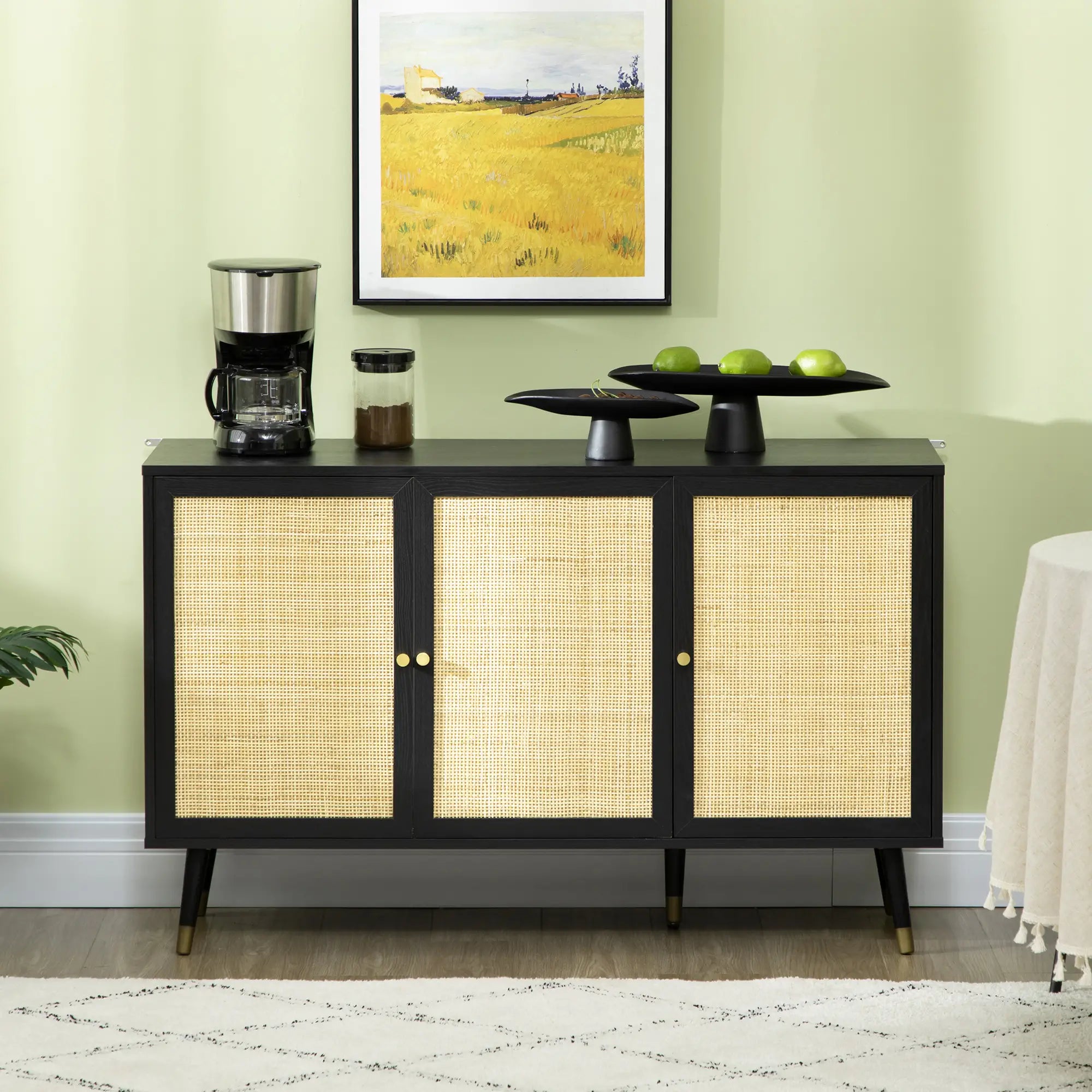 Kitchen Sideboard Cabinet, Boho Storage With Shelves, Wood Legs, Rattan Doors, Black Bar Cabinets at Gallery Canada