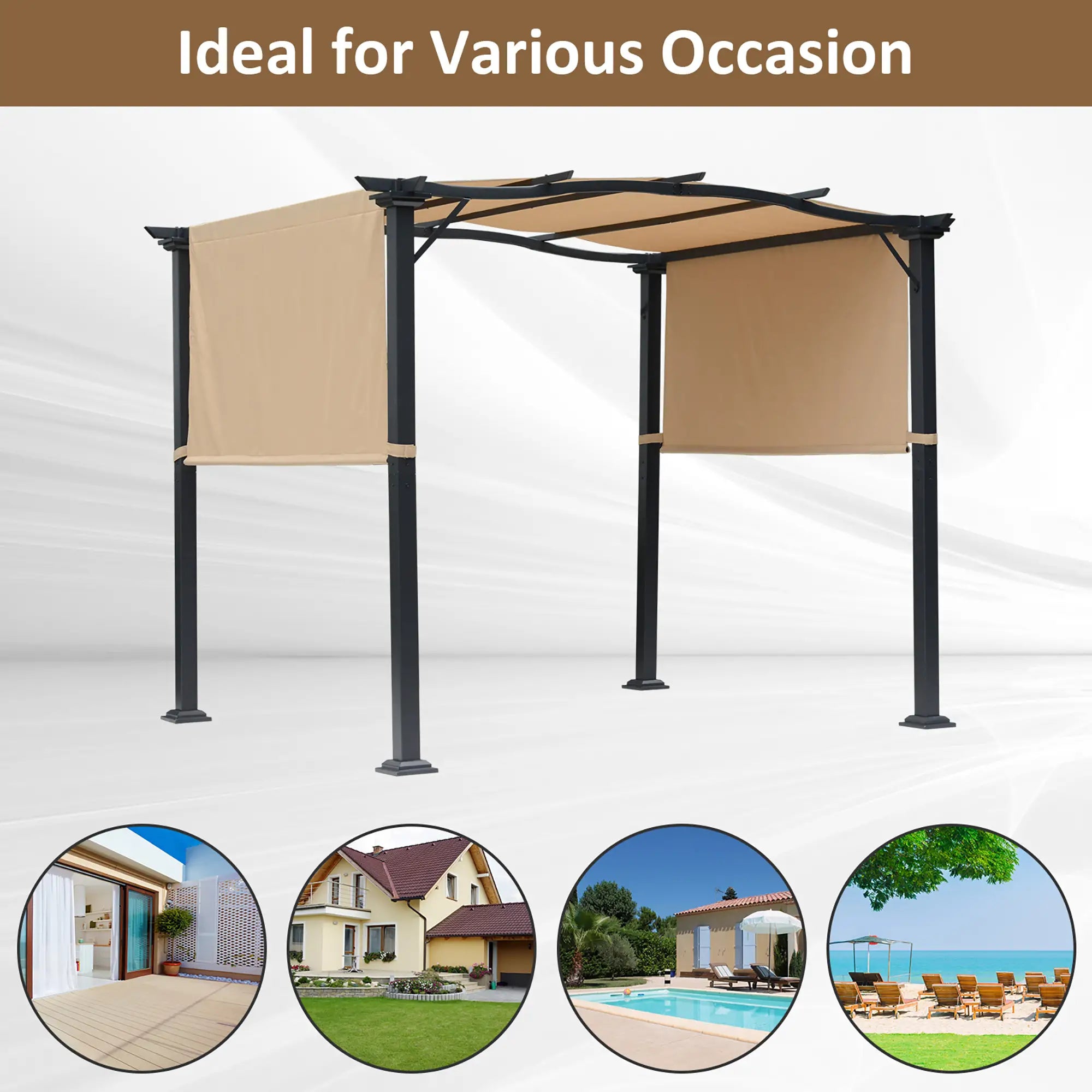 10'X8' Outdoor Pergola Gazebo With 2 Side Canopies, Khaki Pergolas at Gallery Canada