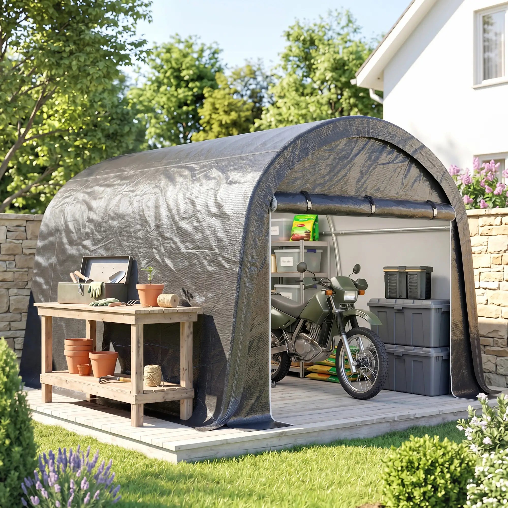 10' x 10' Outdoor Storage Tent, Heavy Duty Waterproof Shed for Bike, Motorcycle, Garden Tools Sheds at Gallery Canada