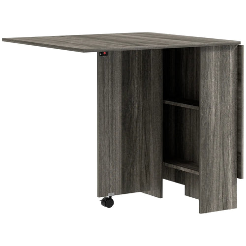Extendable Dining Table, Collapsible w/ Shelves, Grey Wood Grain, Grey