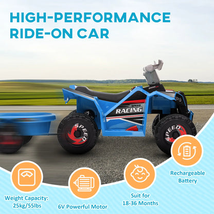 6V Kids ATV Quad, Battery Powered Electric Vehicle with Back Trailer, Wear-Resistant Wheels, Blue Electric Toy Cars at Gallery Canada