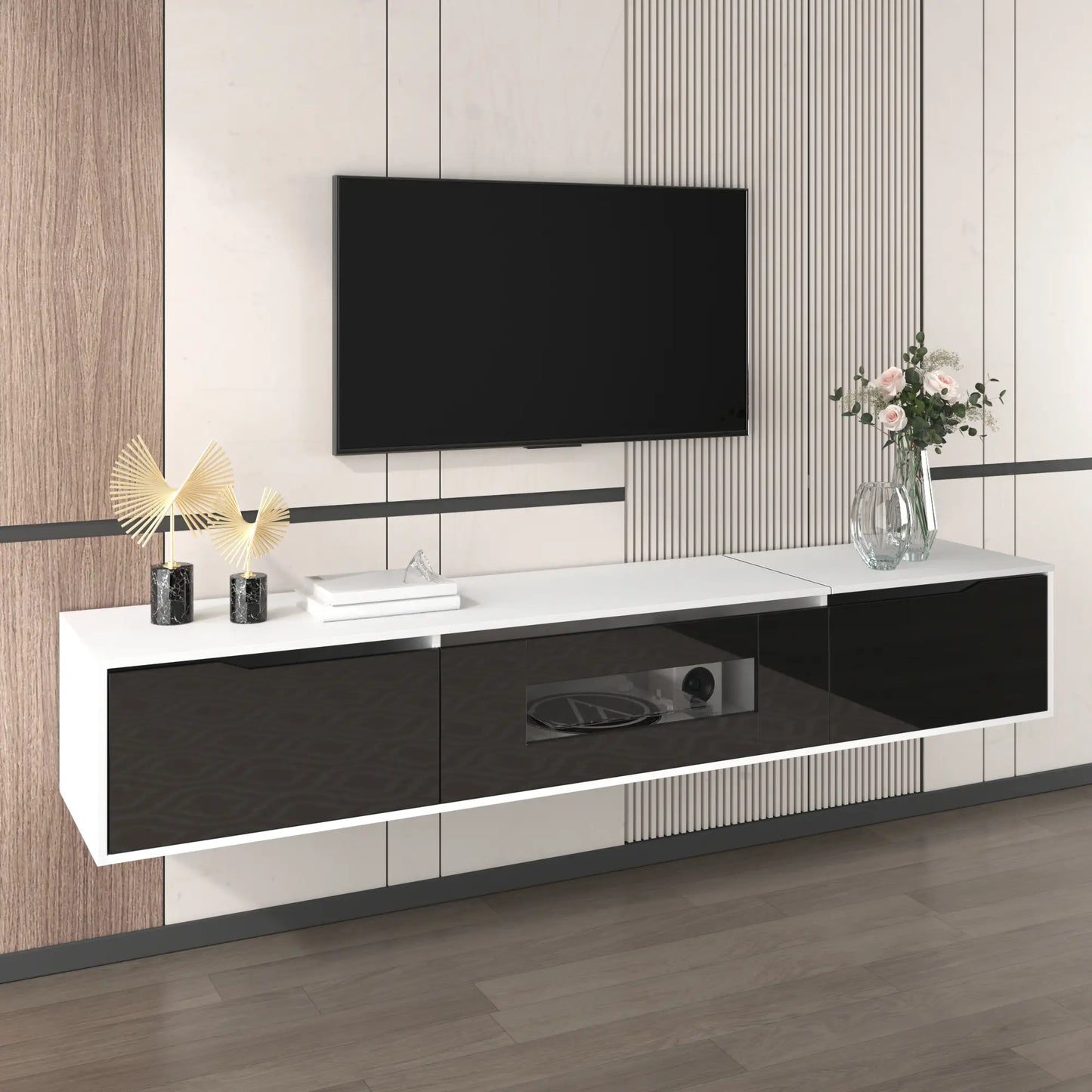 TV Stand With LED Lighting, 71" L x 12" W x 12" H, Black+White TV Stands at Gallery Canada