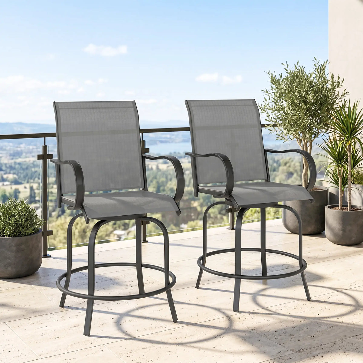 Outdoor Bar Stools Set of 2, 360° Swivel, 26.8" x 29.5" x 48.4", Grey Bistro Sets at Gallery Canada