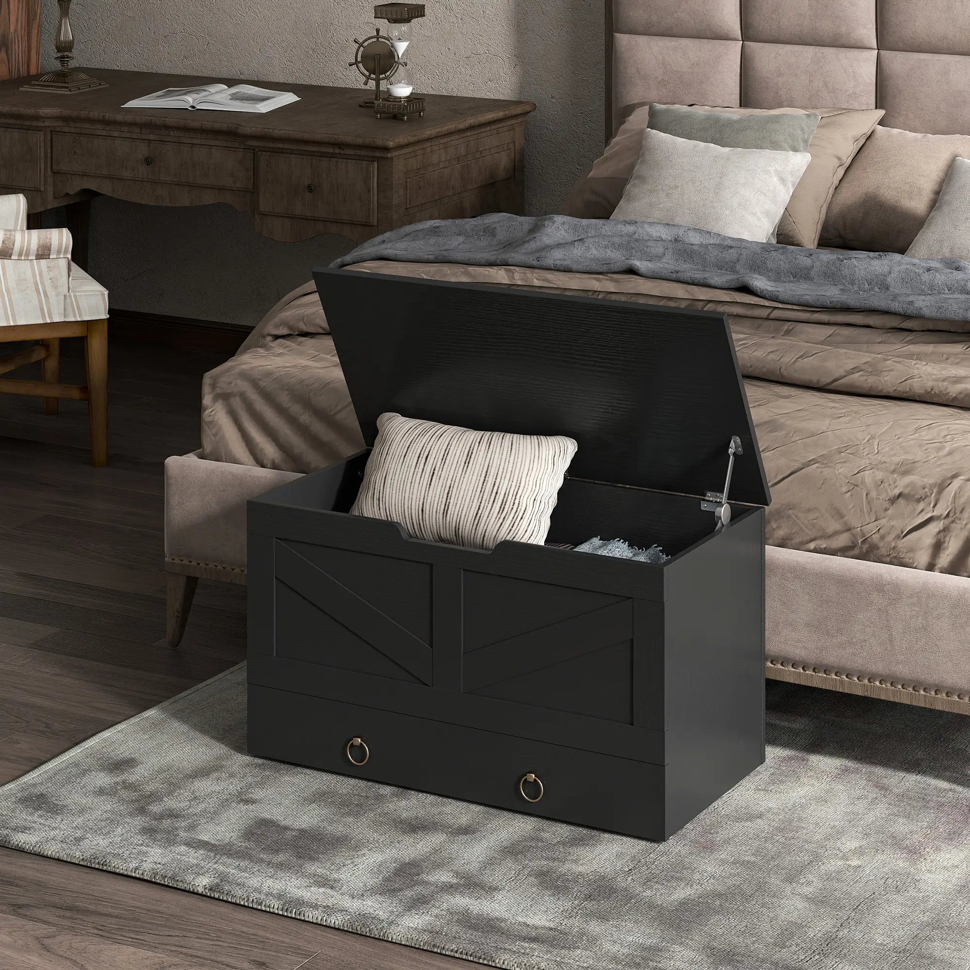 31.5 Inches Storage Chest, Wooden Box, Black Wood Grain, Black Storage Cabinets at Gallery Canada