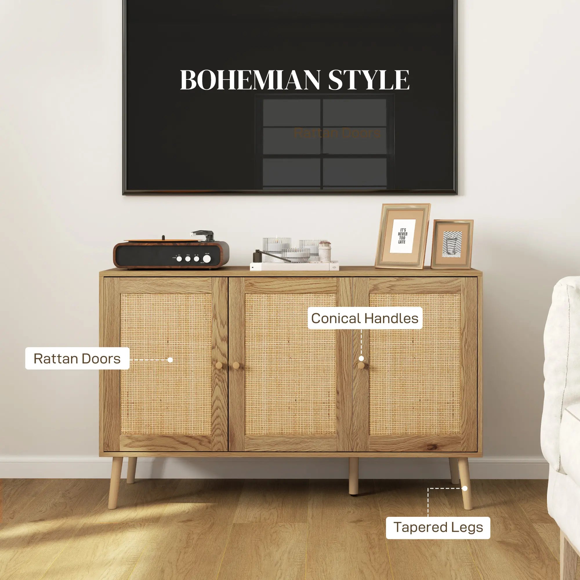 Bohemian Sideboard, Rattan Doors, Adjustable Shelf, Natural Wood Storage Cabinets at Gallery Canada