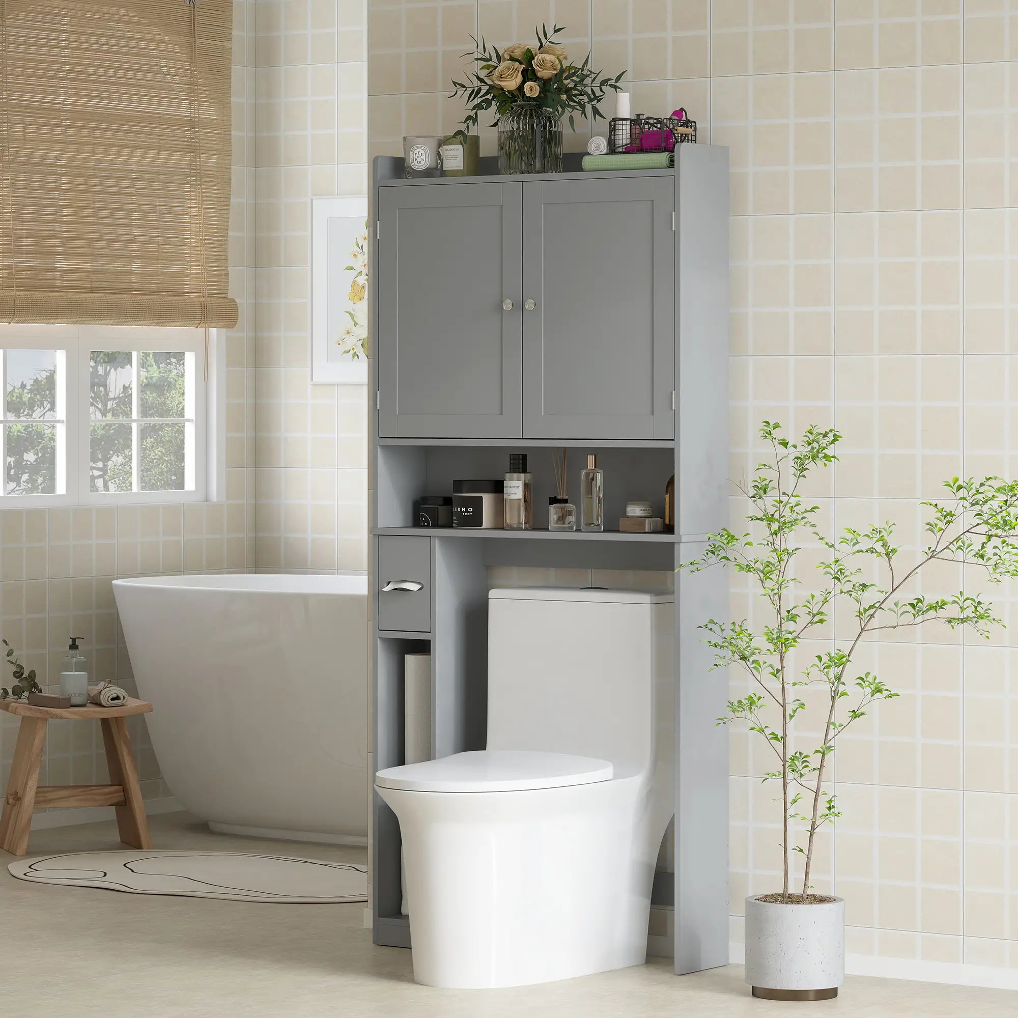 Over Toilet Storage Cabinet, 2 Doors, Toilet Paper Holder, Grey Bathroom Cabinets at Gallery Canada