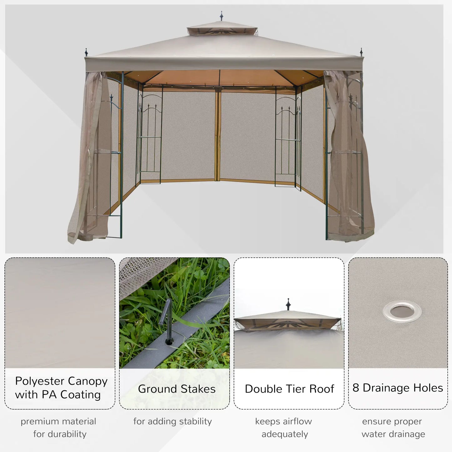 10' x 10' Steel Patio Gazebo, Removable Mesh Curtains, Brown Gazebos at Gallery Canada