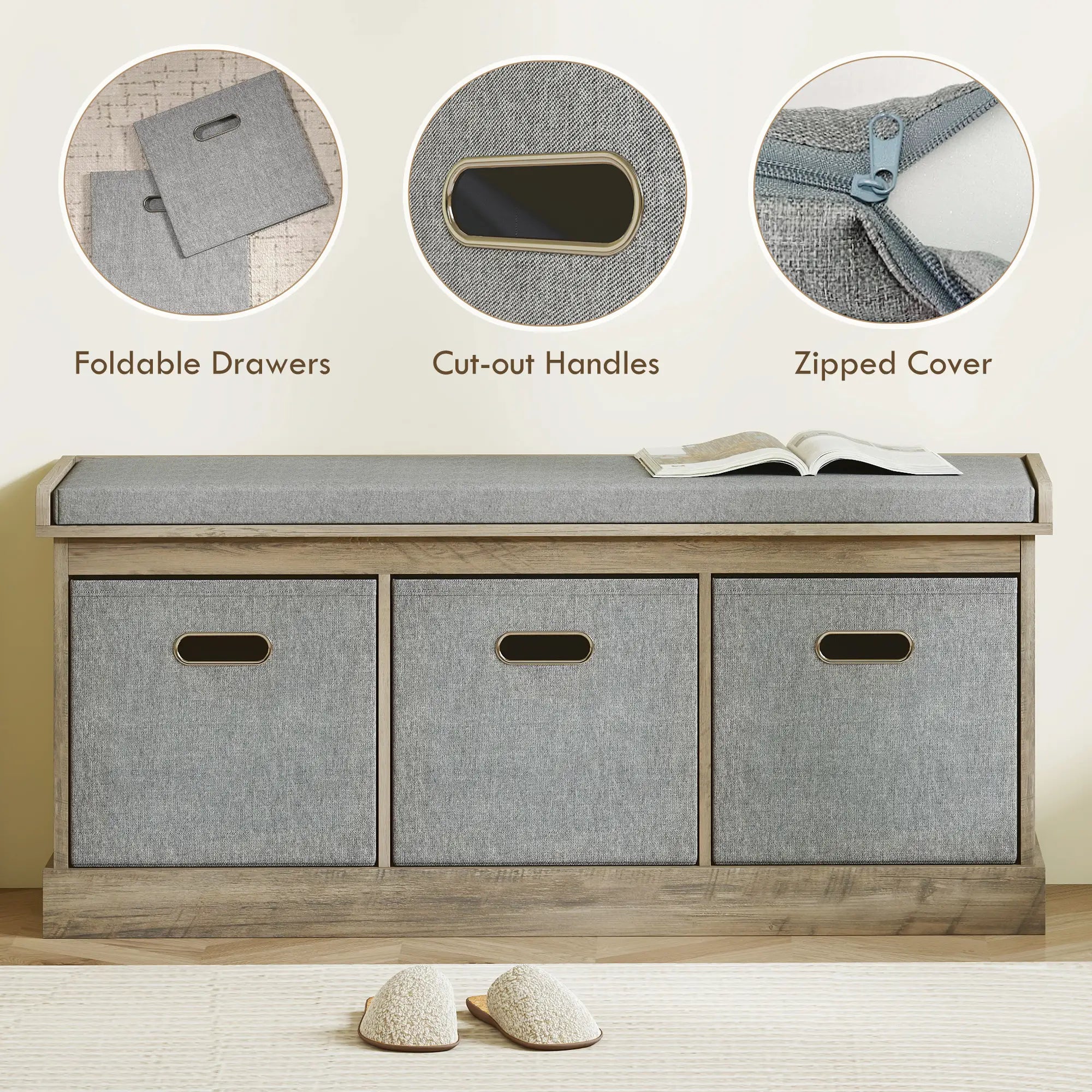 Shoe Storage Bench with Seat, 3 Fabric Drawers, Washed Grey Shoe Storage Cabinets & Racks at Gallery Canada