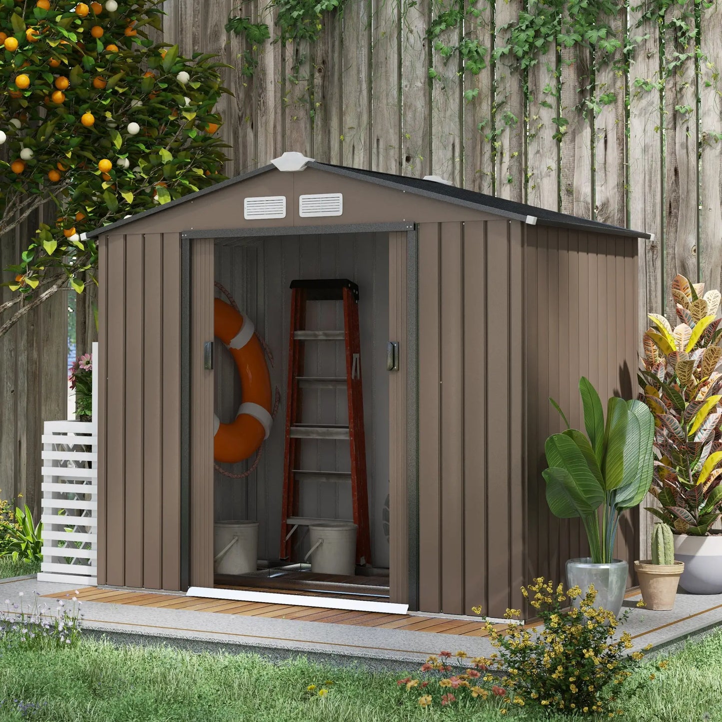 7' x 4' x 6' Garden Storage Shed, Metal, Double Doors, Brown Sheds at Gallery Canada