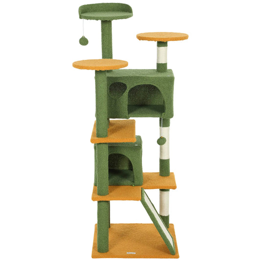 54" Cat Tree, Multi-Level Tower With Scratching Posts, Condos, Bed, Green Multi-Level Cat Towers Green, Yellow, Cream White at Gallery Canada
