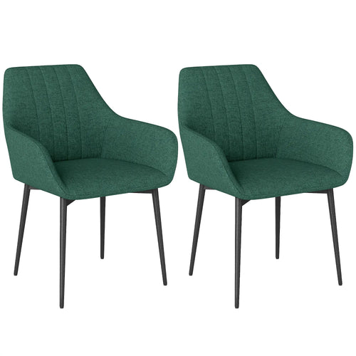 Upholstered Dining Chairs Set of 2, Linen Fabric, Metal Legs, Dark Green