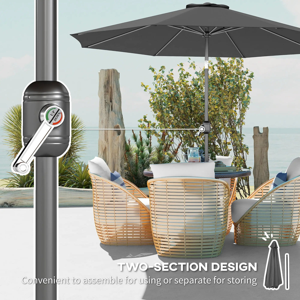 10' x 8' Round Market Umbrella, Crank Handle, Tilt, Grey Sun Umbrellas at Gallery Canada