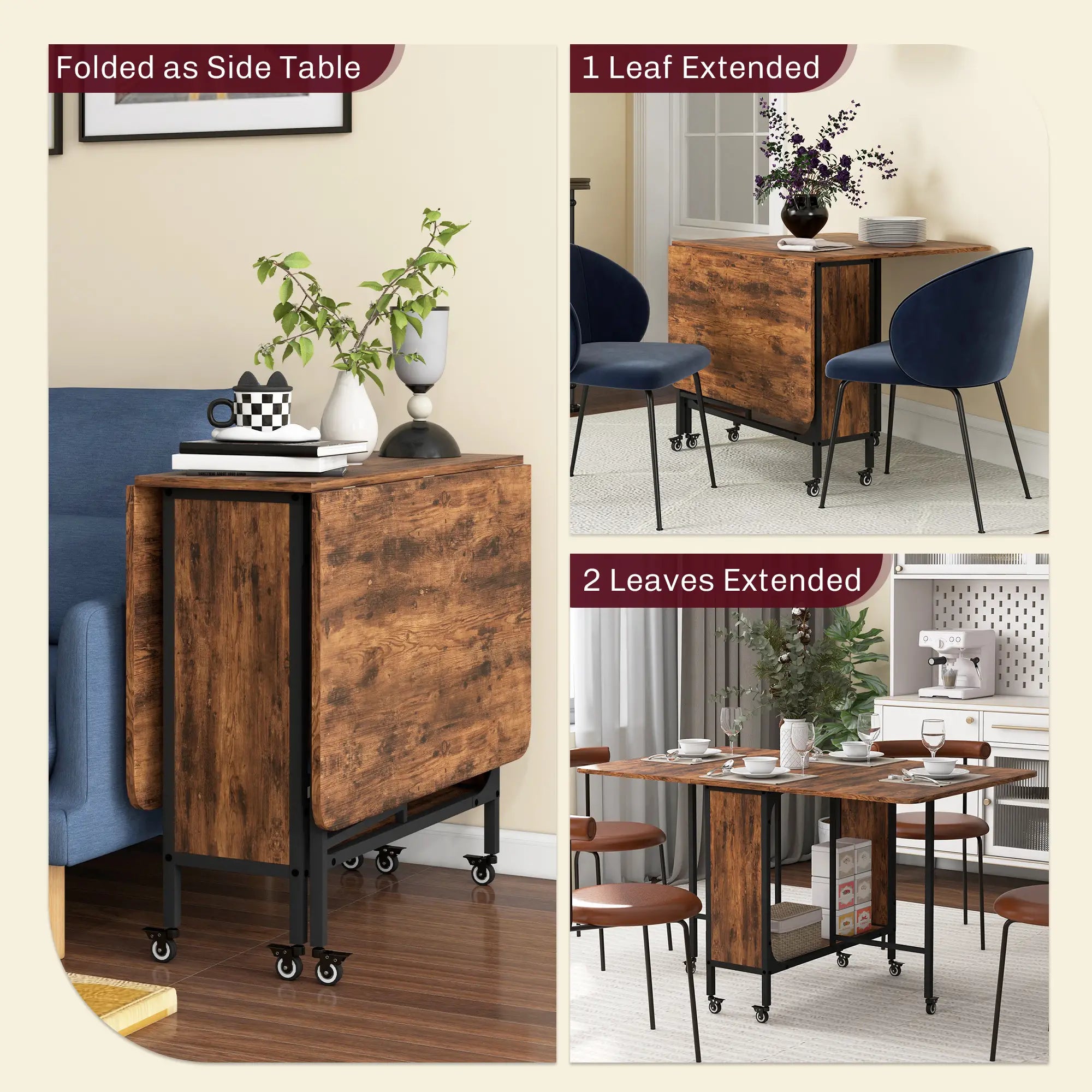 Folding Dining Table, Extendable Kitchen Table, Rustic Brown, 6 Wheels, Brown Dining Tables at Gallery Canada