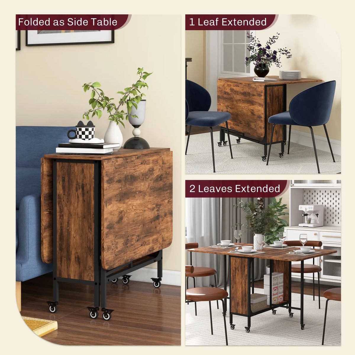 Folding Dining Table, Extendable Kitchen Table, Rustic Brown, 6 Wheels, Brown Dining Tables at Gallery Canada