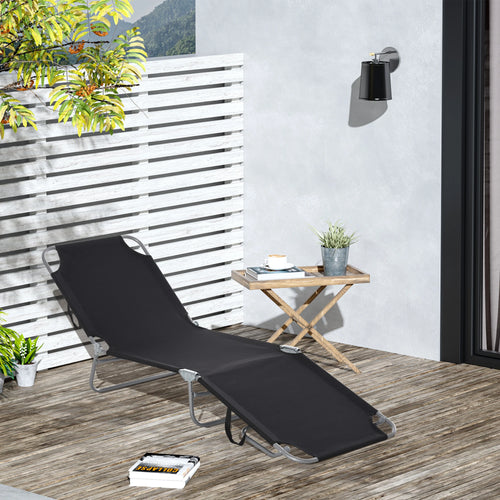 Outdoor Folding Chaise Lounge, Adjustable Backrest, Breathable Mesh, Black