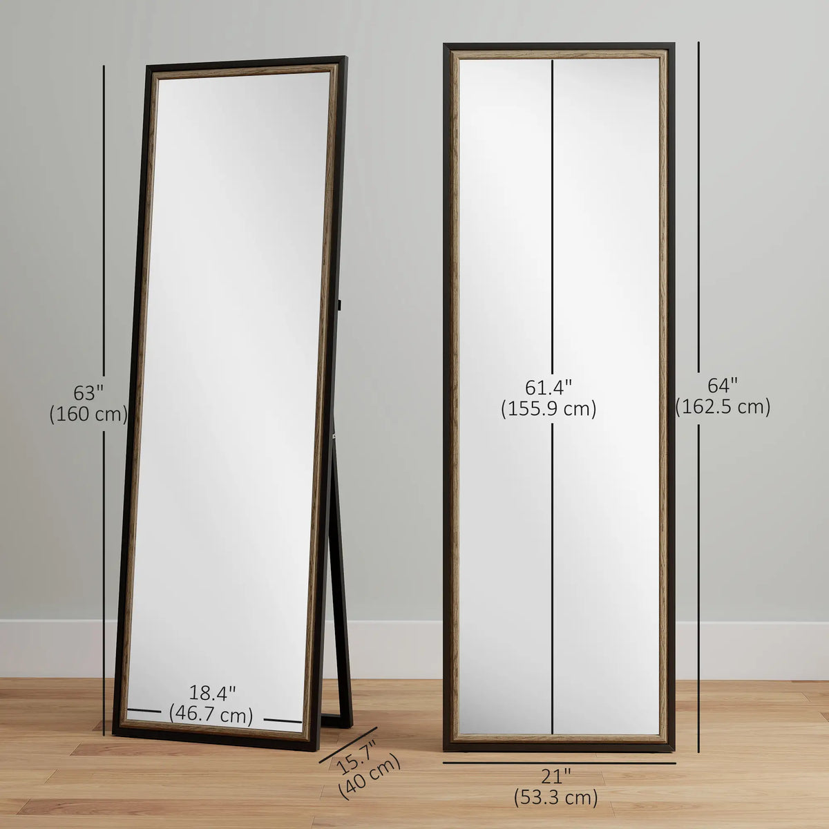 Full Length Mirror, 64" x 21", Dual-Tone Frame, Black Full Length Mirrors at Gallery Canada