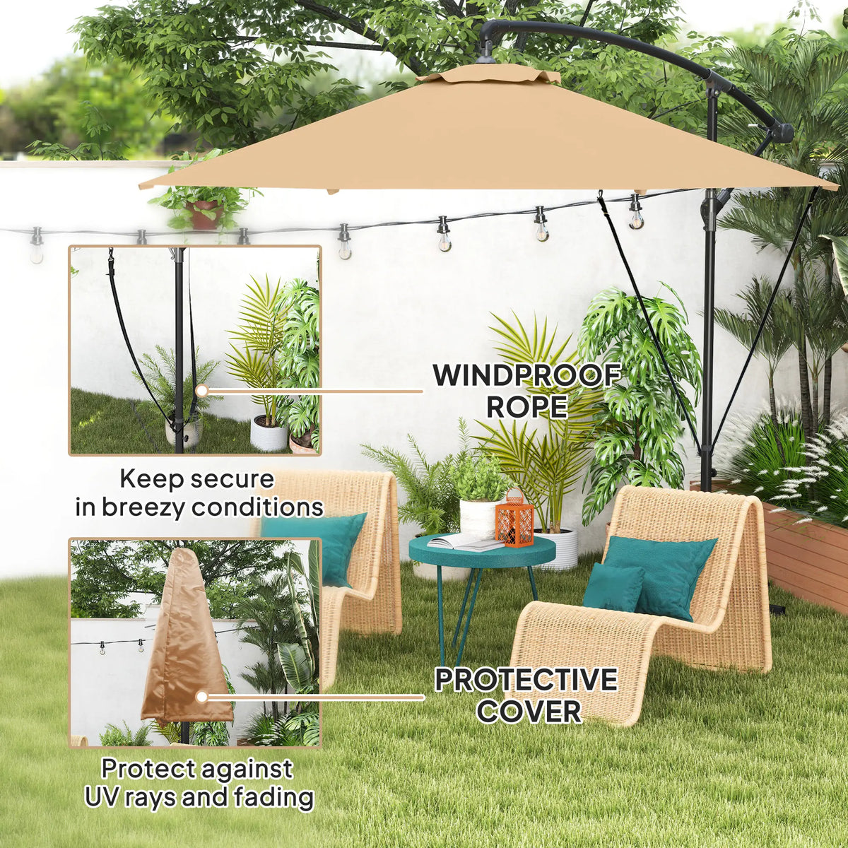 9.5' Cantilever Umbrella With Wind Strap, Cover, Crank, Cross Base, Khaki Offset Cantilever Umbrellas at Gallery Canada
